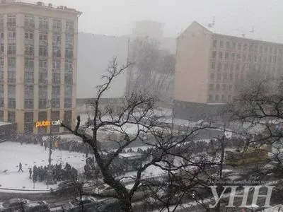 Несмотря на снегопад в центре Киева собралось несколько сотен человек
