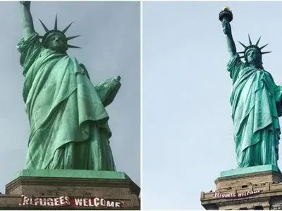 На статую Свободы в Нью-Йорке повесили баннер "Беженцы, добро пожаловать"