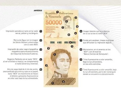 Венесуэла выпускает в обращение купюру в 50 тысяч боливаров после недавней деноминации