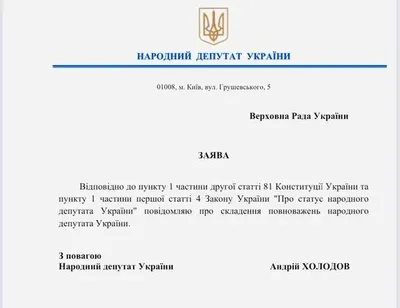 Нардеп от "Слуги народа" Андрей Холодов написал заявление о сложении полномочий