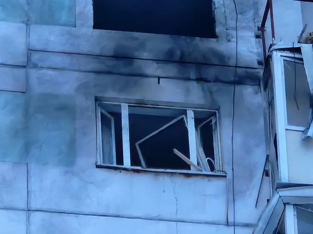 A downed drone crashes into a multi-story building in Tula, Russia