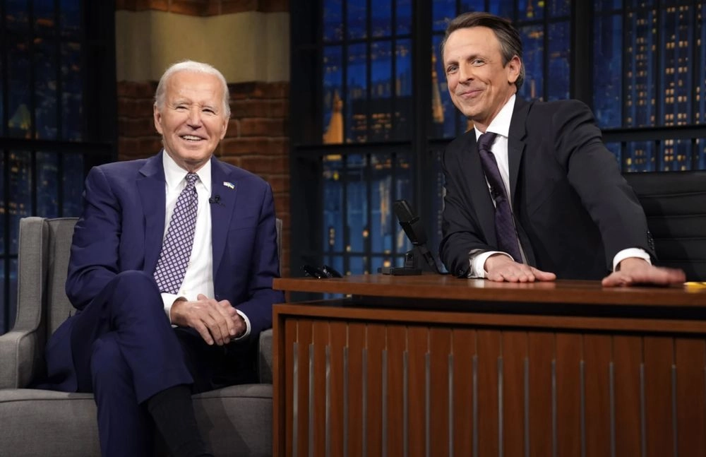 Biden gives an interview to comedian Seth Meyers in New York