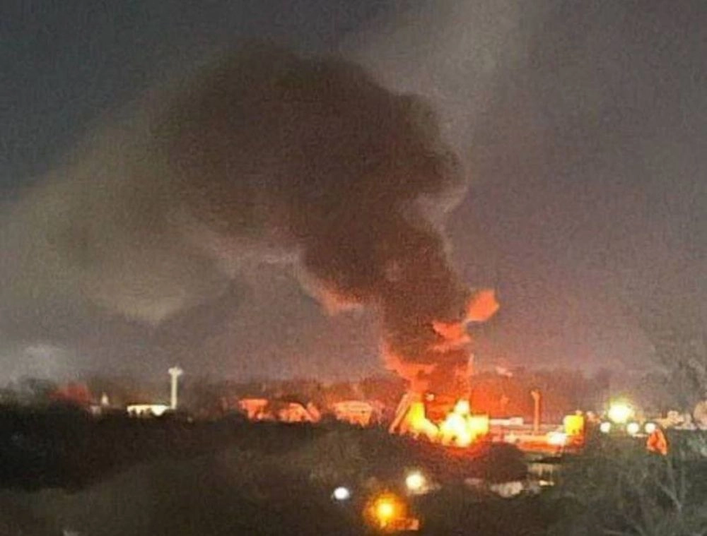 A fire breaks out at an oil depot in the russian city of orel
