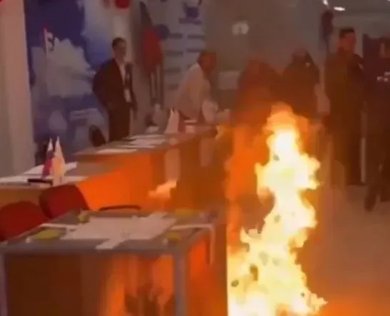 In the Khanty-Mansiysk district of the Russian Federation, a voting box was on fire after a local resident threw a Molotov cocktail into it