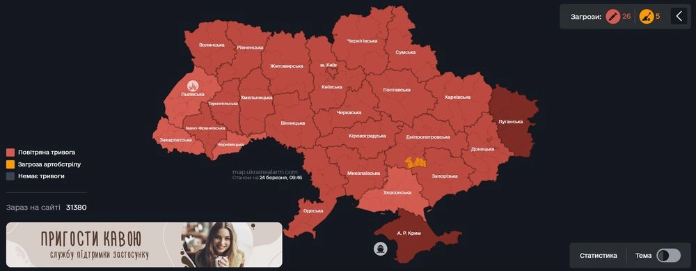 По всей Украине воздушная тревога, в воздухе четыре МиГа