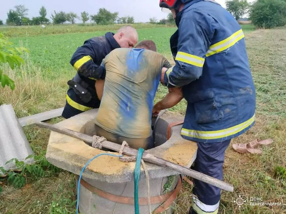 Rescuers pull a man out of a 10-meter-deep well in Vinnytsia region