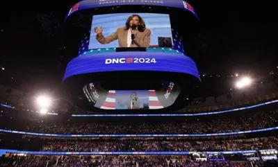 Kamala Harris speaks at the Democratic Party convention in Chicago