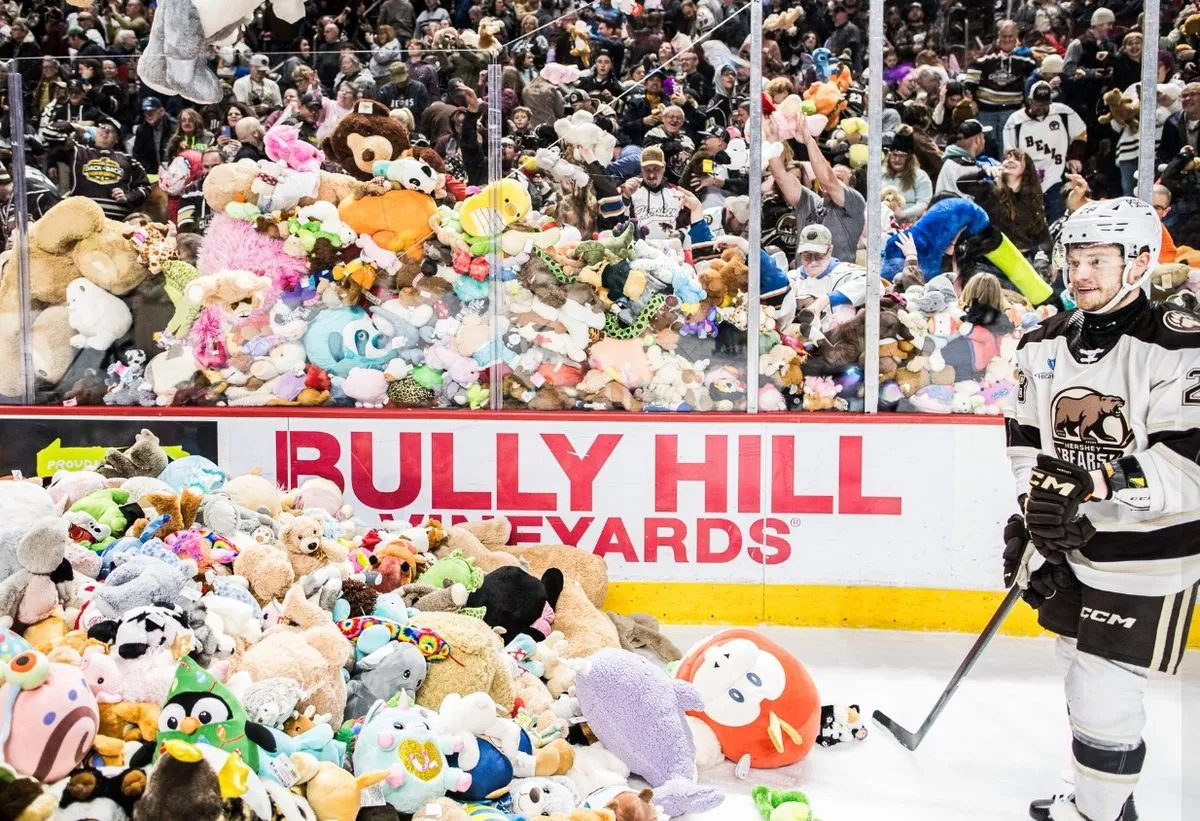 An avalanche of teddy bears: the American Hockey League sets a new world record for the number of soft toys on the ice rink