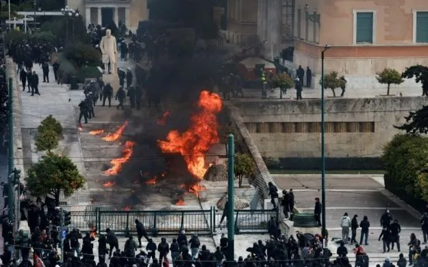 Clashes with Molotov cocktails occur at a peaceful rally in Greece Clashes with Molotov cocktails occur at a peaceful rally in Greece