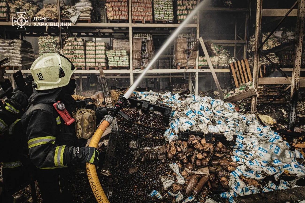 In Kharkiv, rescuers extinguished a fire at a food warehouse after a Russian drone hit In Kharkiv, rescuers extinguished a fire at a food warehouse after a Russian drone hit