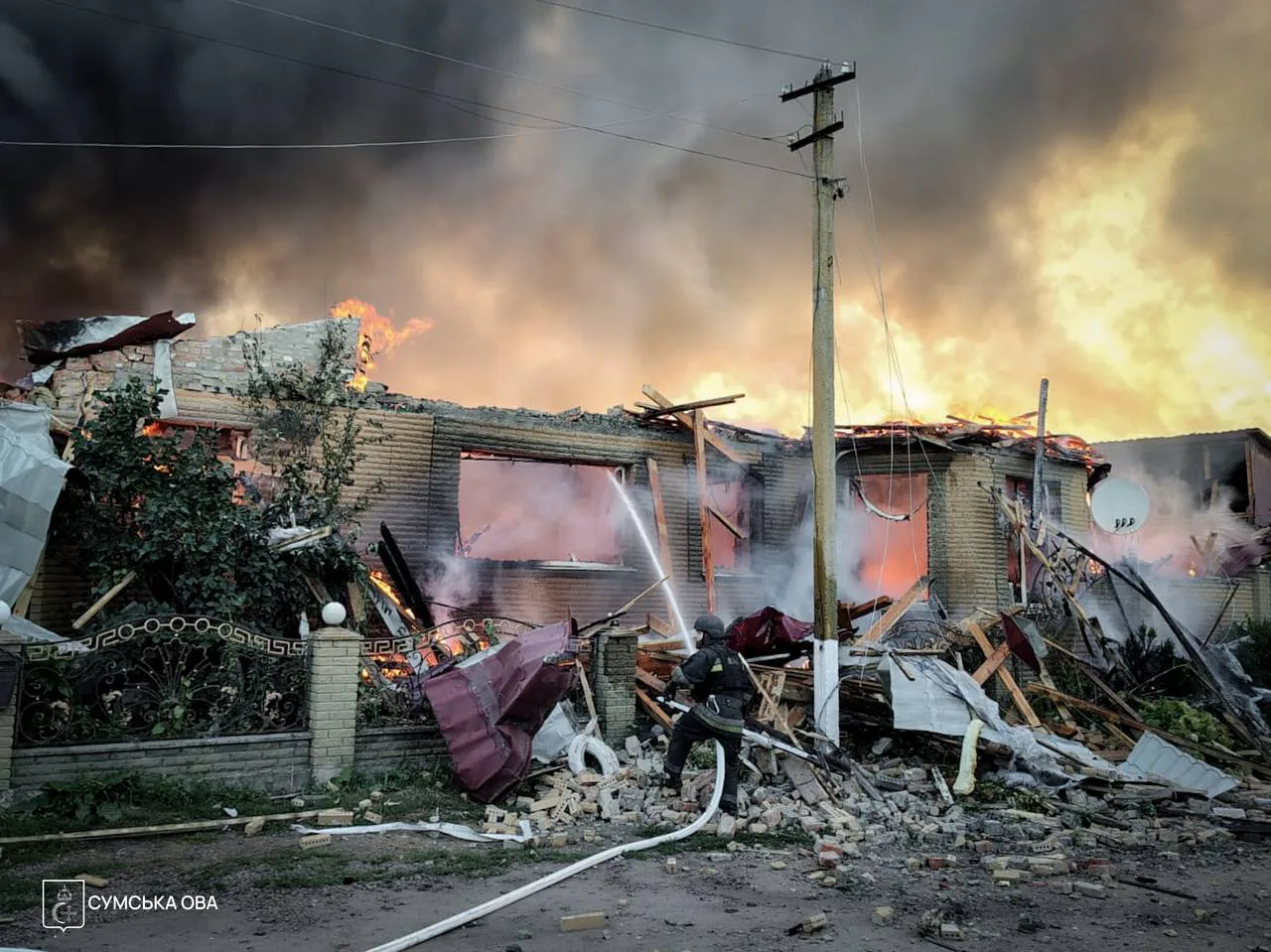The aftermath of a Russian double drone strike on a home in Buryn, Sumy Oblast, August 14, 2026